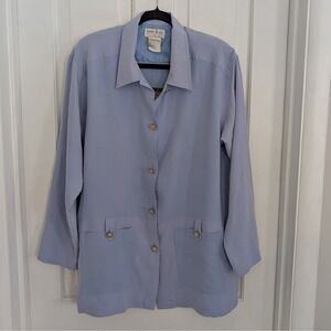 VTG Natalie & Me‎ 100% Silk Top LARGE Luxury Button Up Soft Cardigan Layer Blue